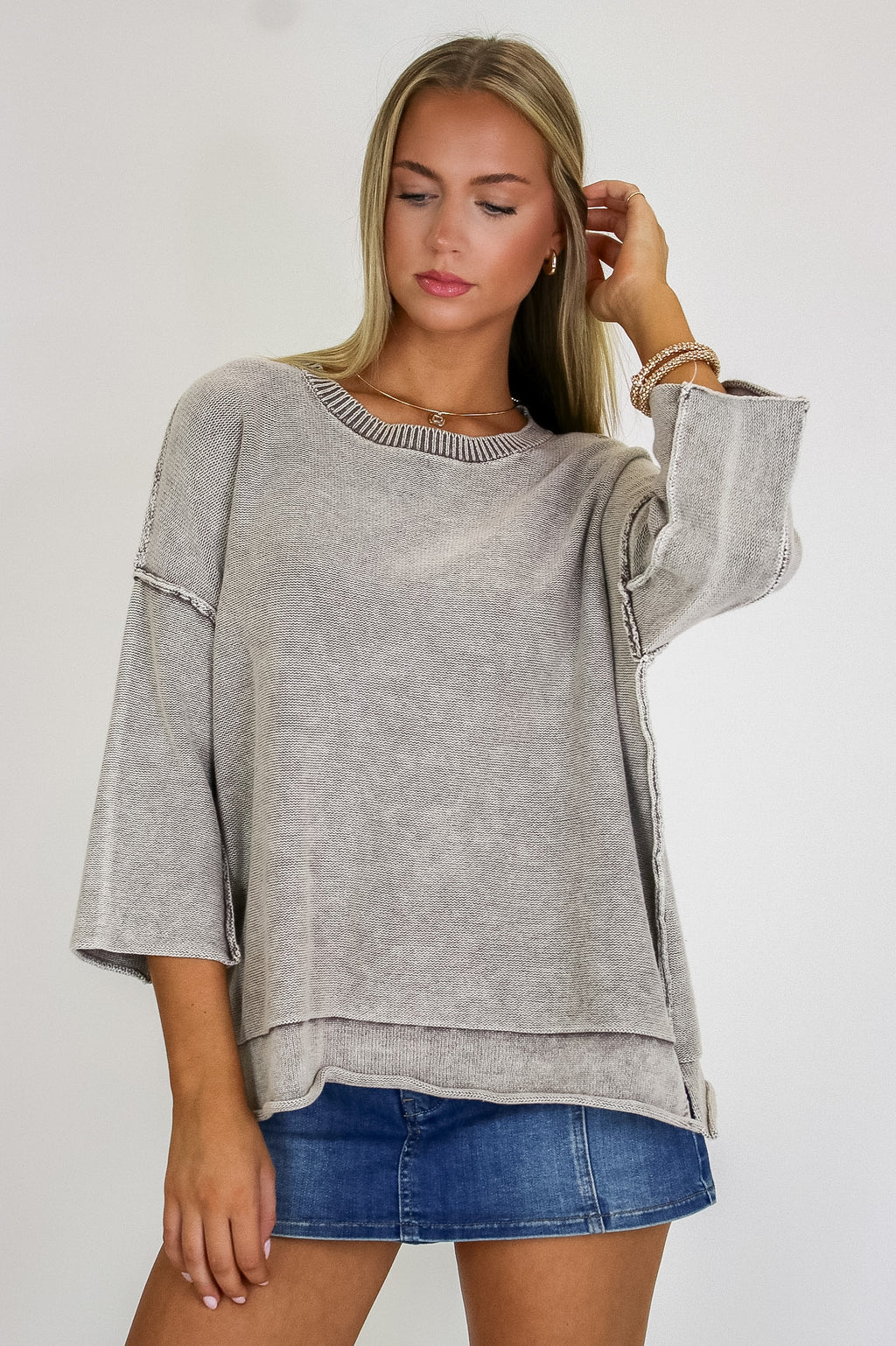 Cozy Fade Washed 3/4 Sleeve Relaxed Sweater