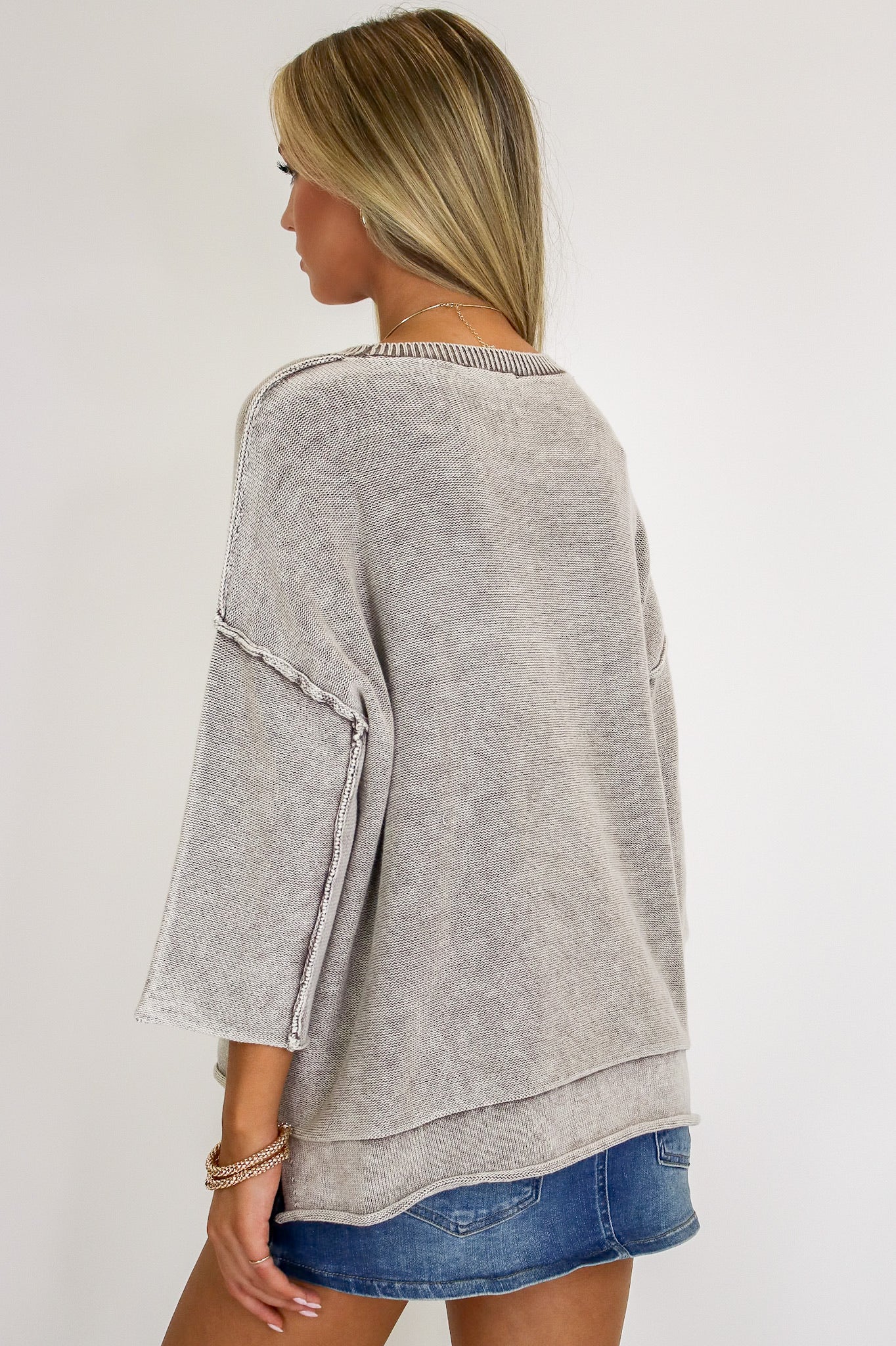 Cozy Fade Washed 3/4 Sleeve Relaxed Sweater - Madison and Mallory
