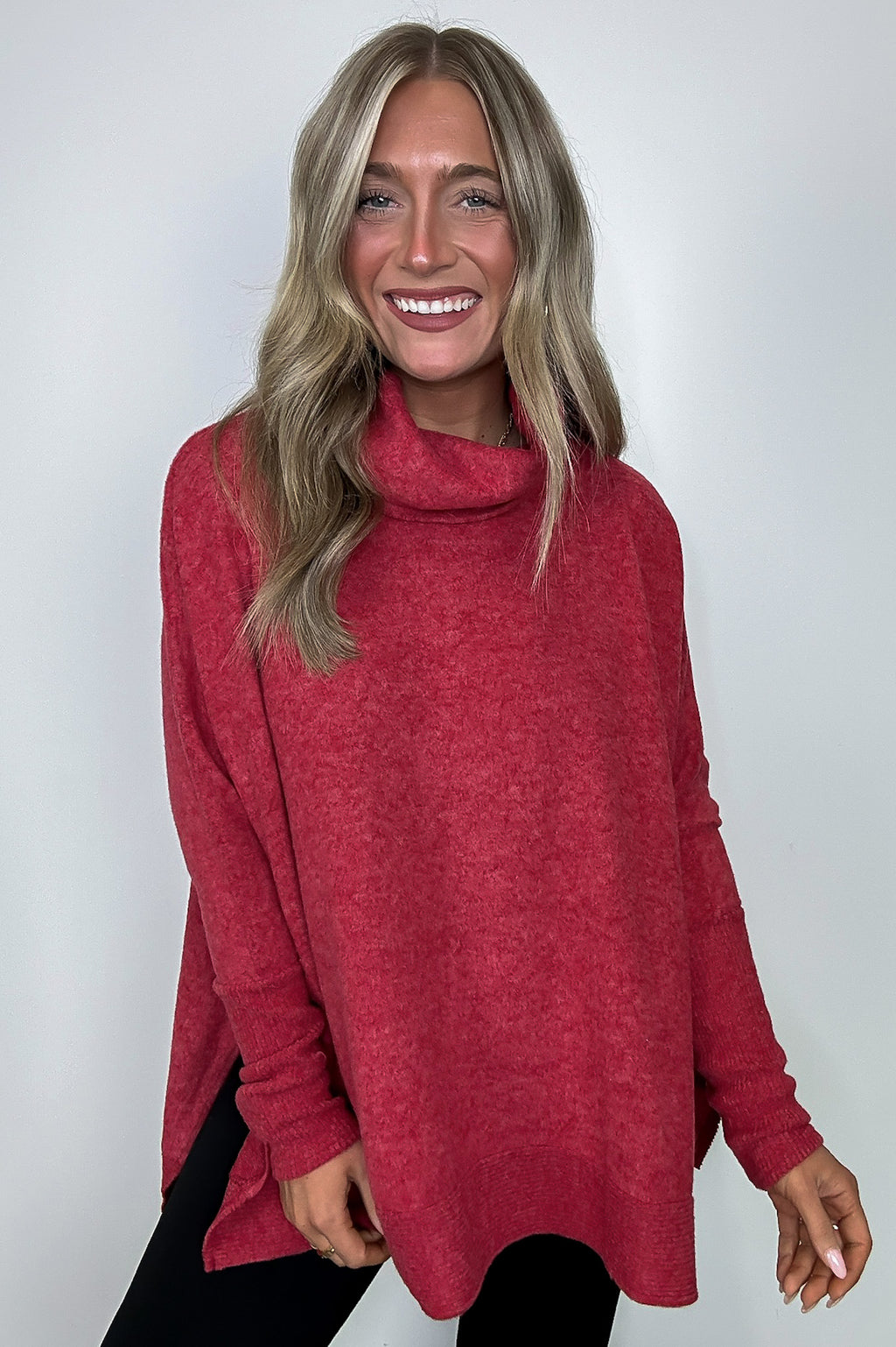 Dark Red / SM Cozy Harmony Brushed Melange Knit Cowl Neck Poncho Sweater - FINAL SALE - Madison and Mallory