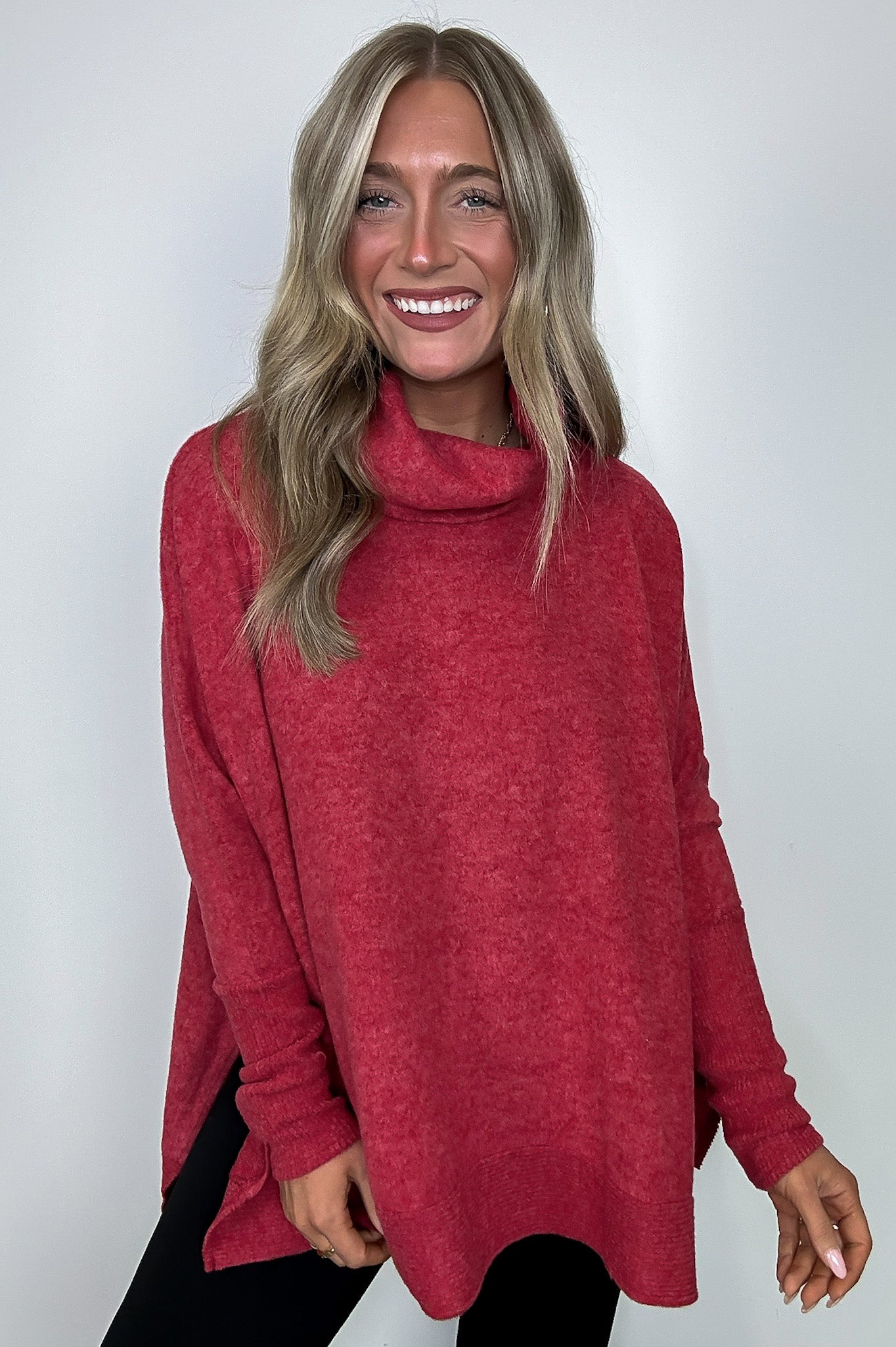 Dark Red / SM Cozy Harmony Brushed Melange Knit Cowl Neck Poncho Sweater - FINAL SALE - Madison and Mallory