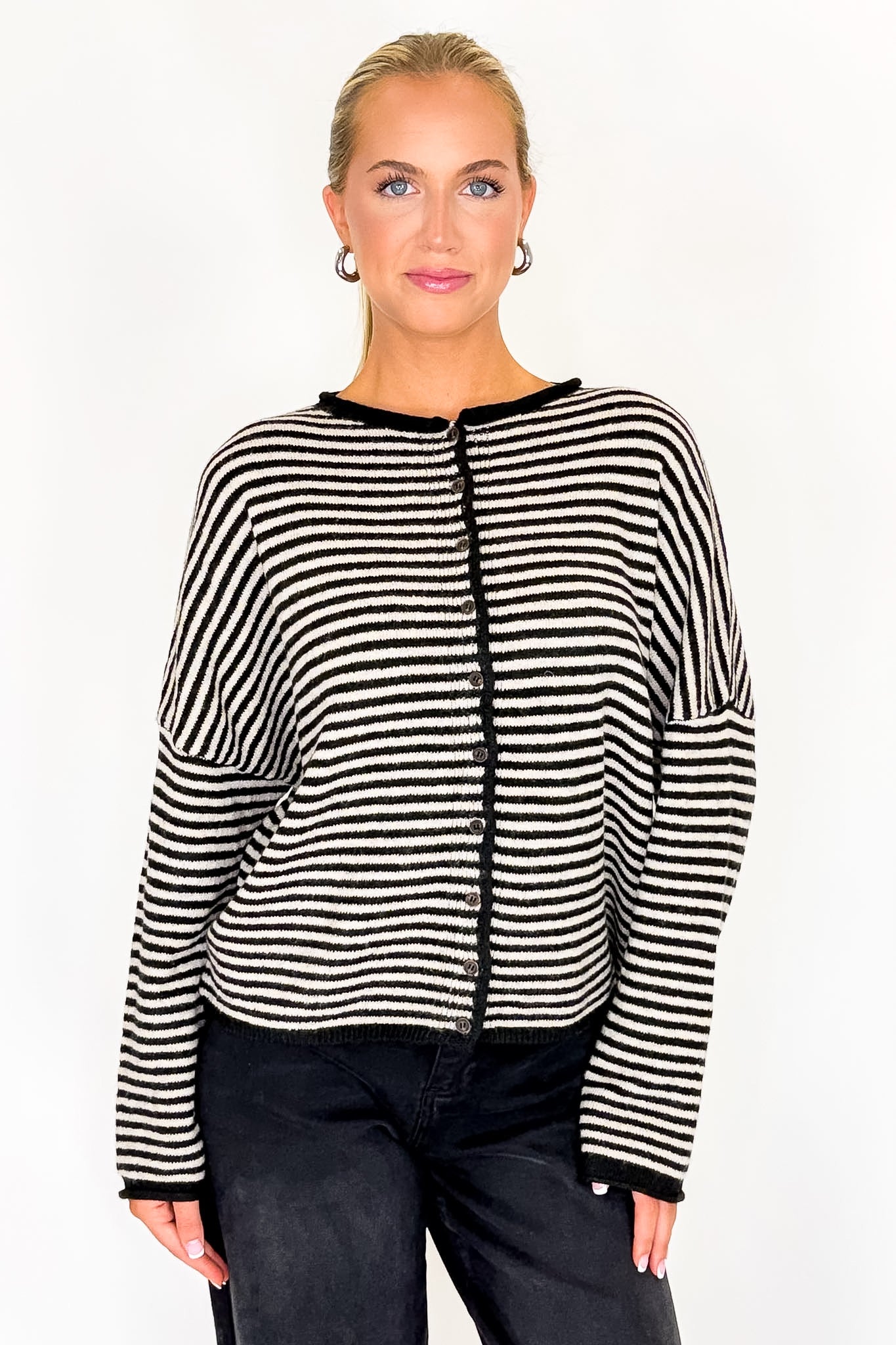 Black / S Cozy Line Stripe Button Down Cardigan - Madison and Mallory