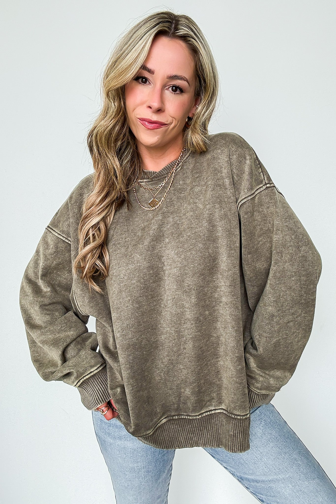 Dark Olive / SM Cozy Vibes Acid Wash Oversized Pullover - BACK IN STOCK - Madison and Mallory