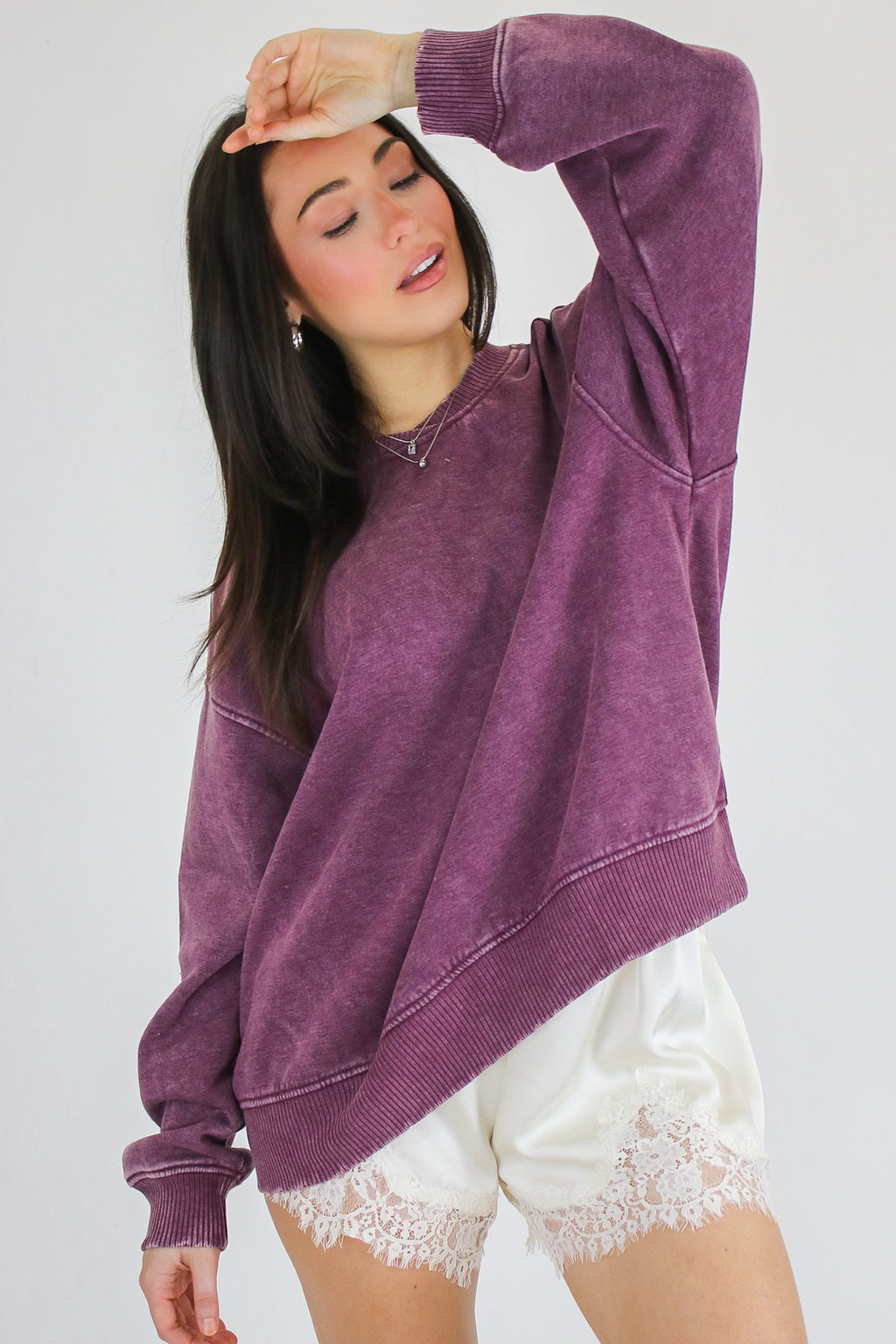 Eggplant / SM Cozy Vibes Acid Wash Oversized Pullover - Madison and Mallory
