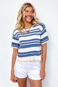 S / Blue/Peach Crafted Stripe Textured Knit Top - Madison and Mallory