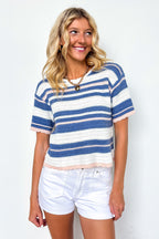 S / Blue/Peach Crafted Stripe Textured Knit Top - Madison and Mallory