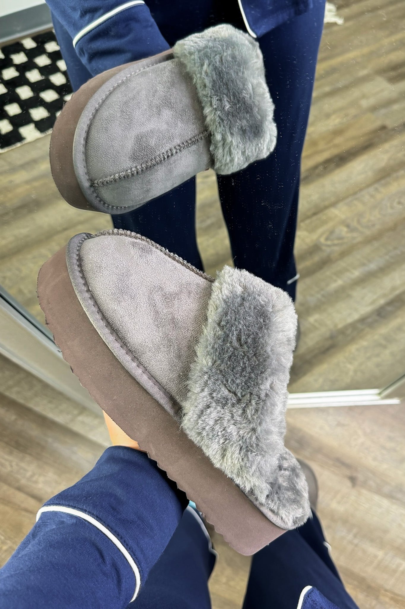 Gray / 5.5 Crazy Cozy Platform Sherpa Slippers - Madison and Mallory