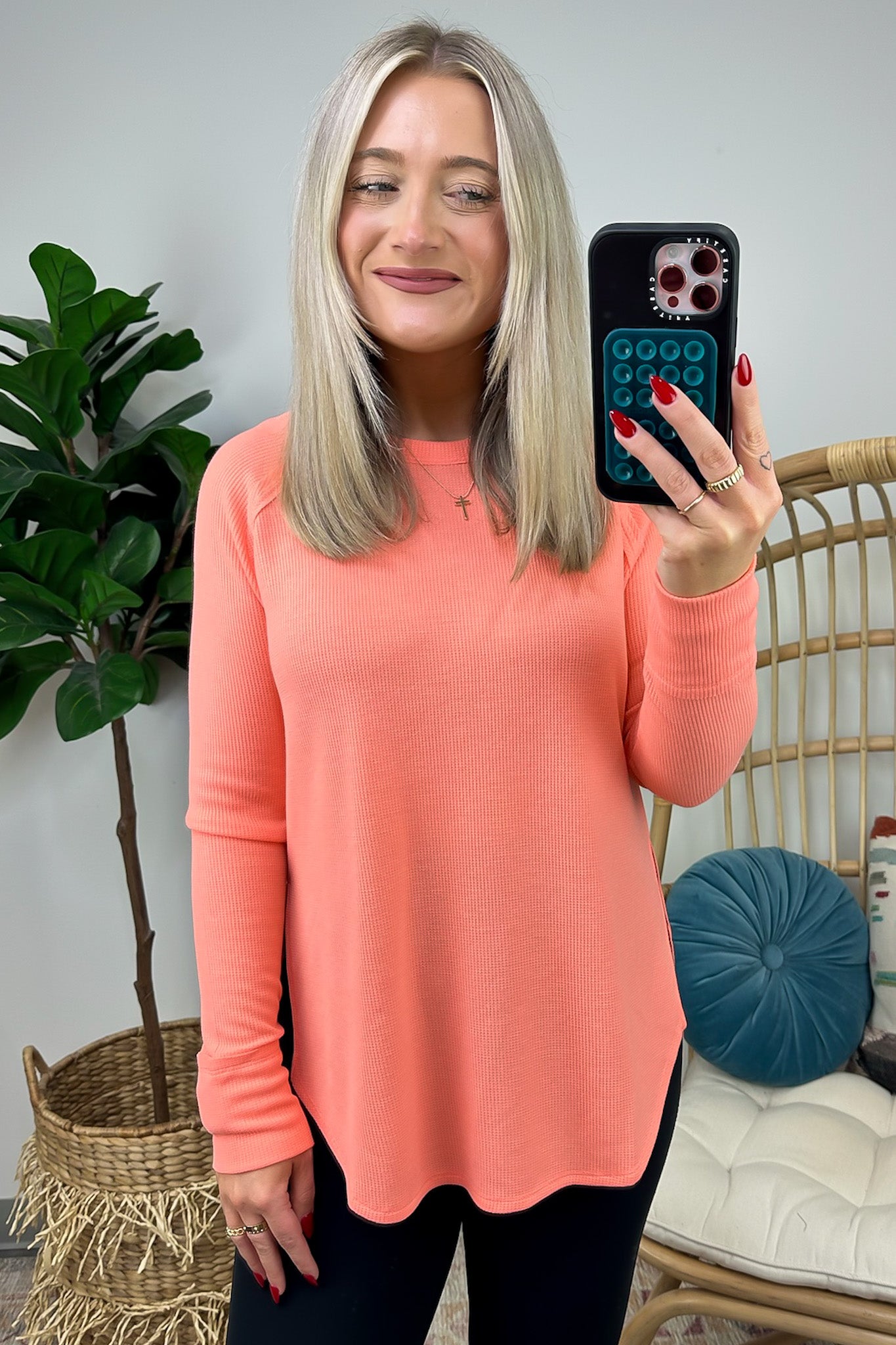 Coral / S Cresseida Thermal Knit Long Sleeve Top - FINAL SALE - Madison and Mallory