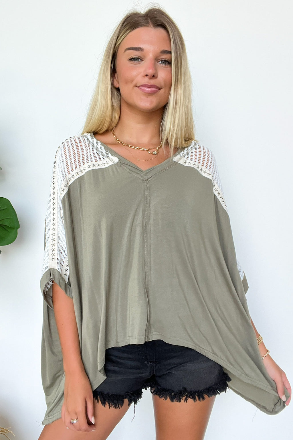 Olive / S Cristina Oversized Crochet Lace Contrast Top - Madison and Mallory