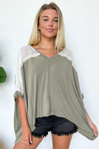 Olive / S Cristina Oversized Crochet Lace Contrast Top - Madison and Mallory