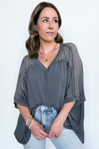 Iron Gray / S Cristina Oversized Crochet Lace Contrast Top - BACK IN STOCK - Madison and Mallory