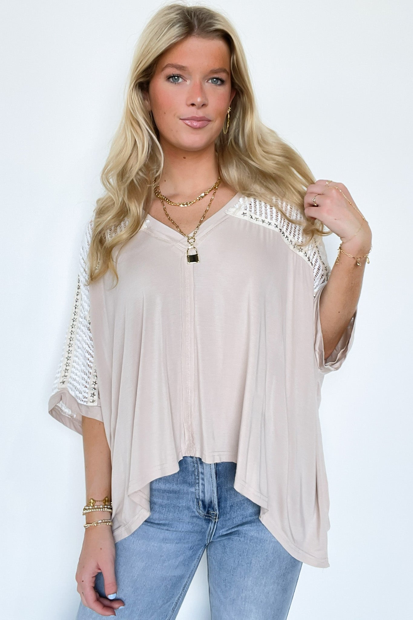  Cristina Oversized Crochet Lace Contrast Top - BACK IN STOCK - Madison and Mallory
