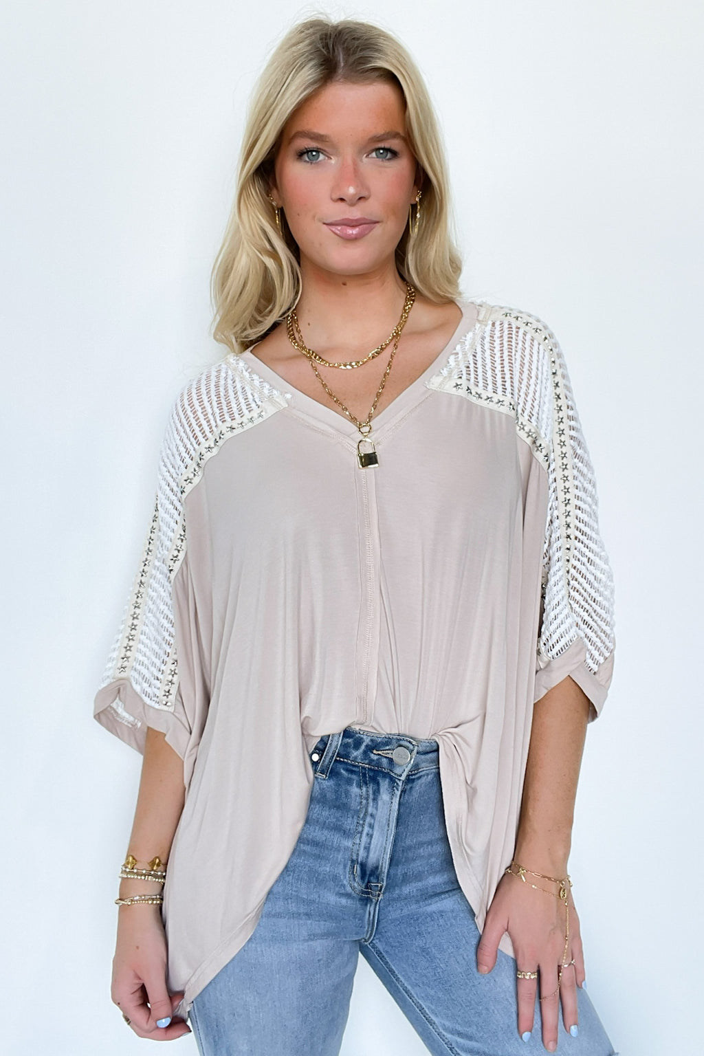 Oatmeal / S Cristina Oversized Crochet Lace Contrast Top - Madison and Mallory