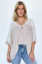 Oatmeal / S Cristina Oversized Crochet Lace Contrast Top - Madison and Mallory