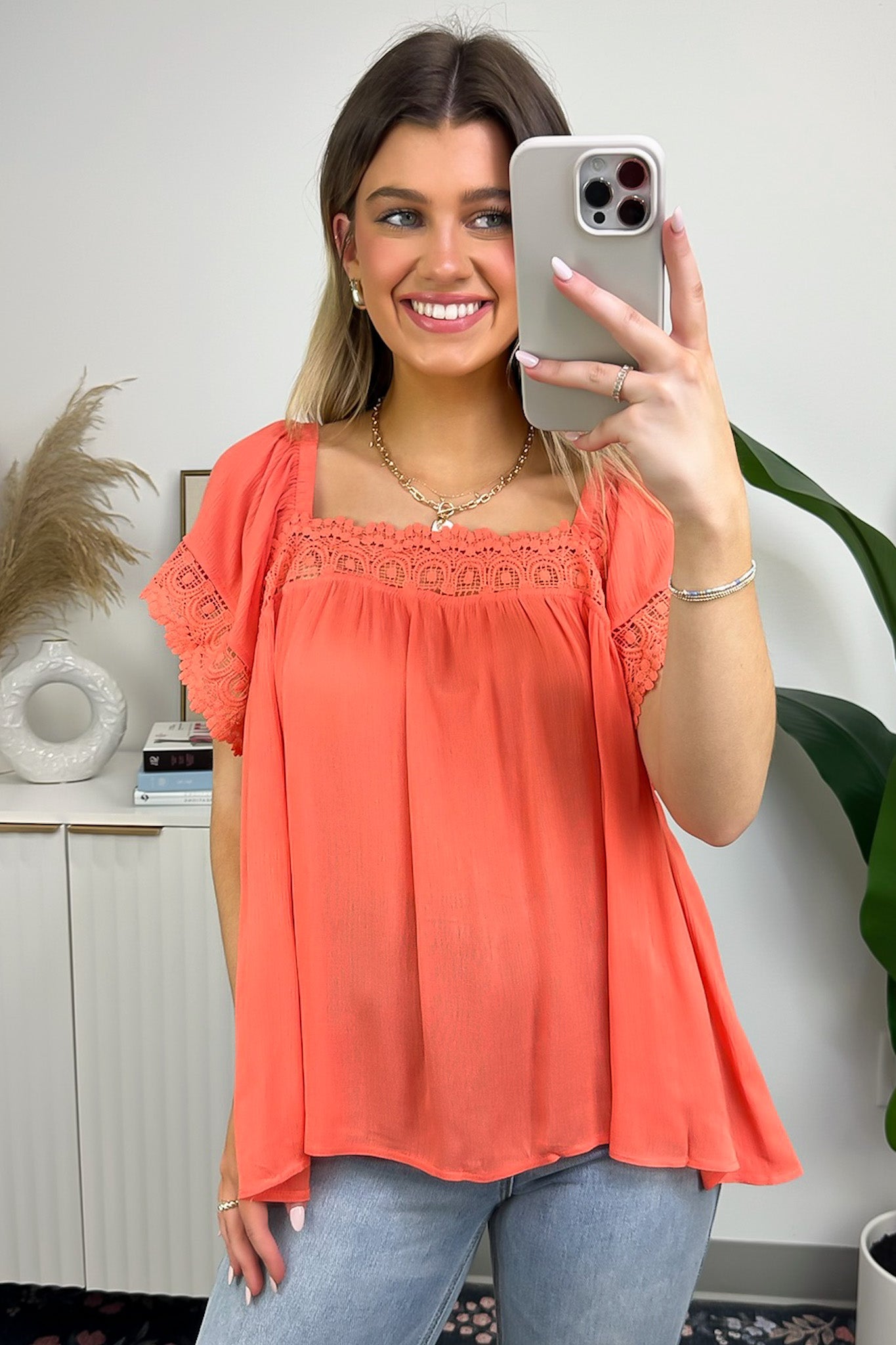 Coral / S Cristyl Square Neck Crochet Trim Top - Madison and Mallory