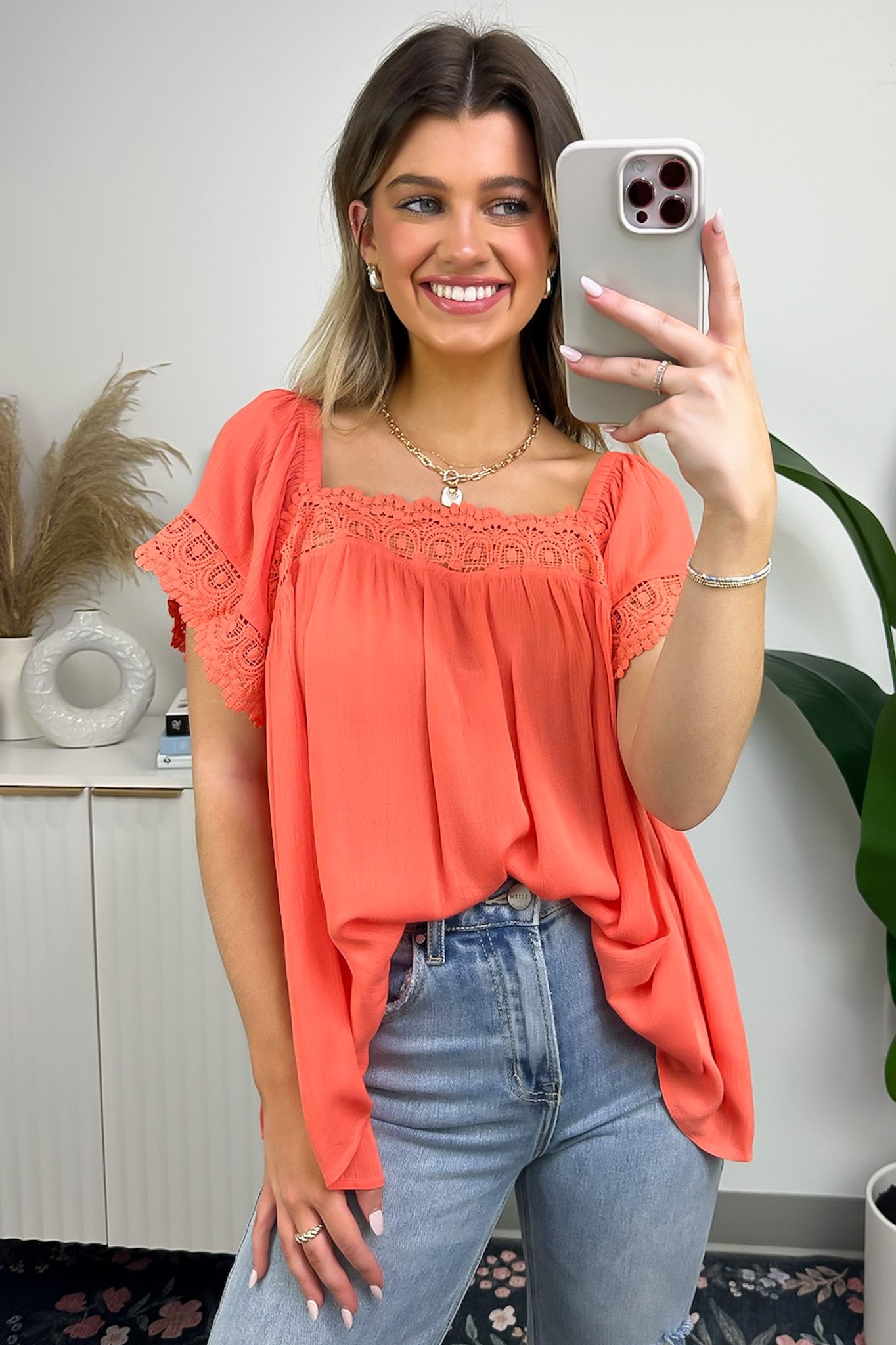 Cristyl Square Neck Crochet Trim Top - Madison and Mallory
