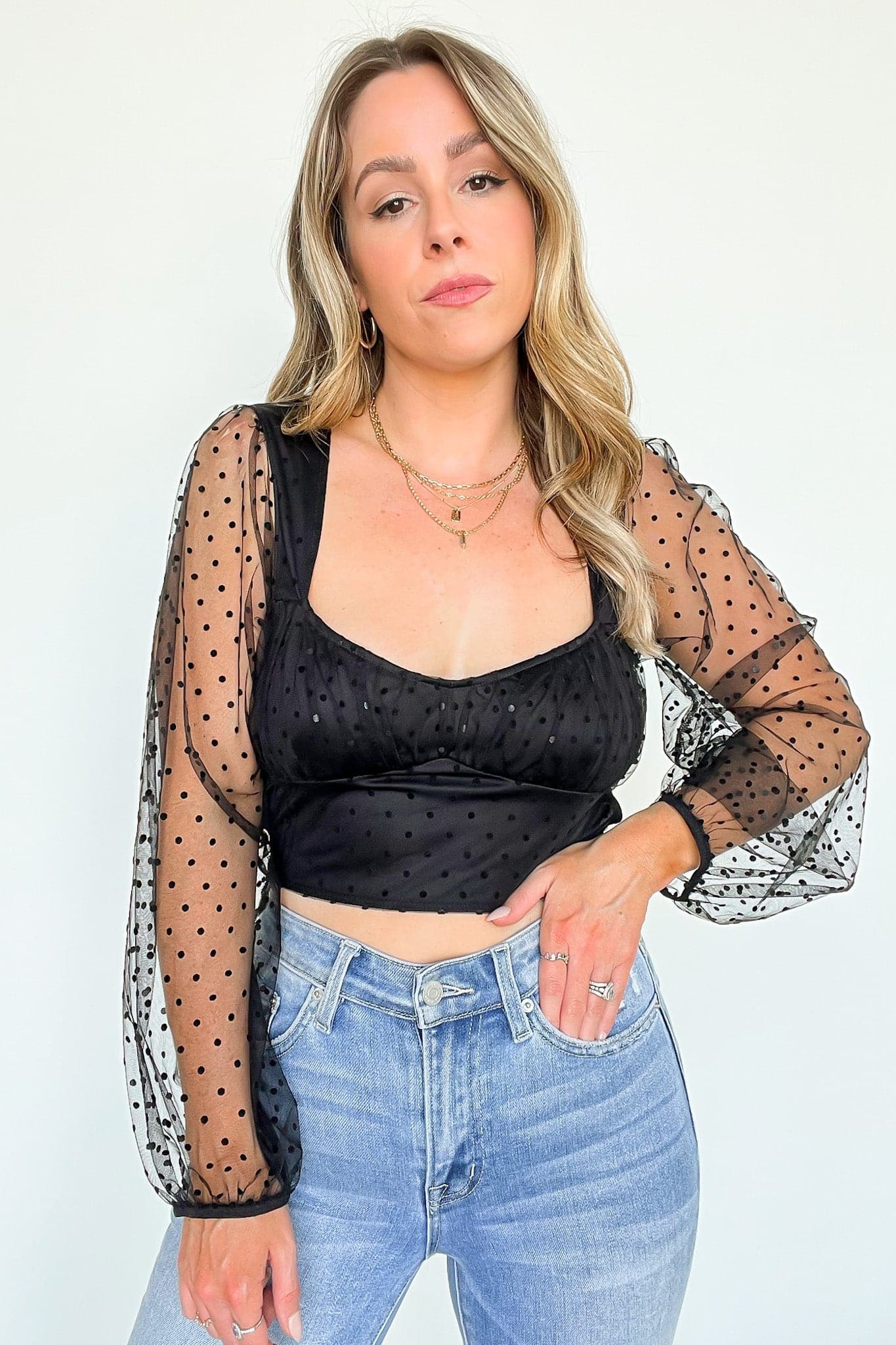  Crush Moment Mesh Dot Sleeve Crop Top - FINAL SALE - Madison and Mallory