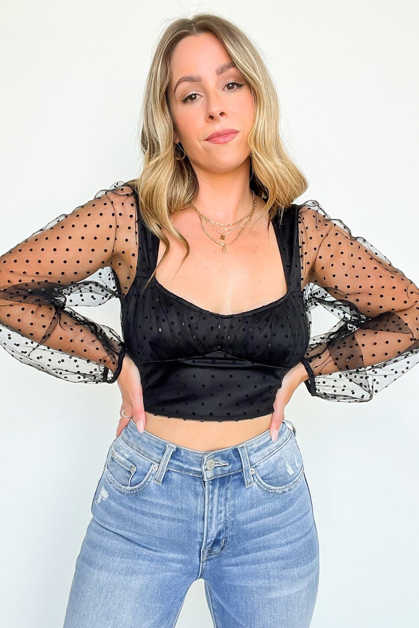 XS / Black Crush Moment Mesh Dot Sleeve Crop Top - FINAL SALE - Madison and Mallory
