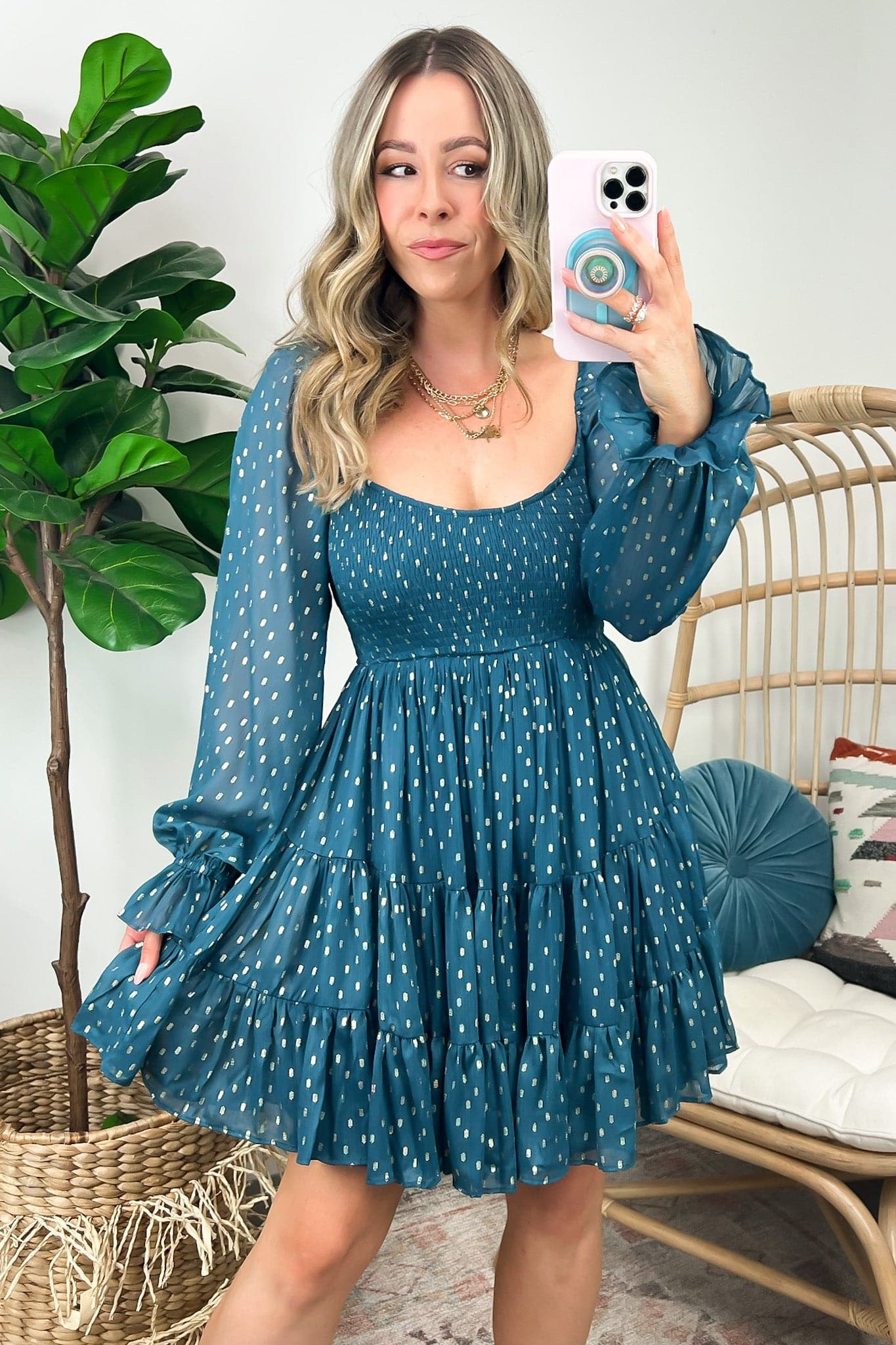 Teal / XS Curated Aura Long Sleeve Fit and Flare Smocked Dress - BACK IN STOCK - Madison and Mallory