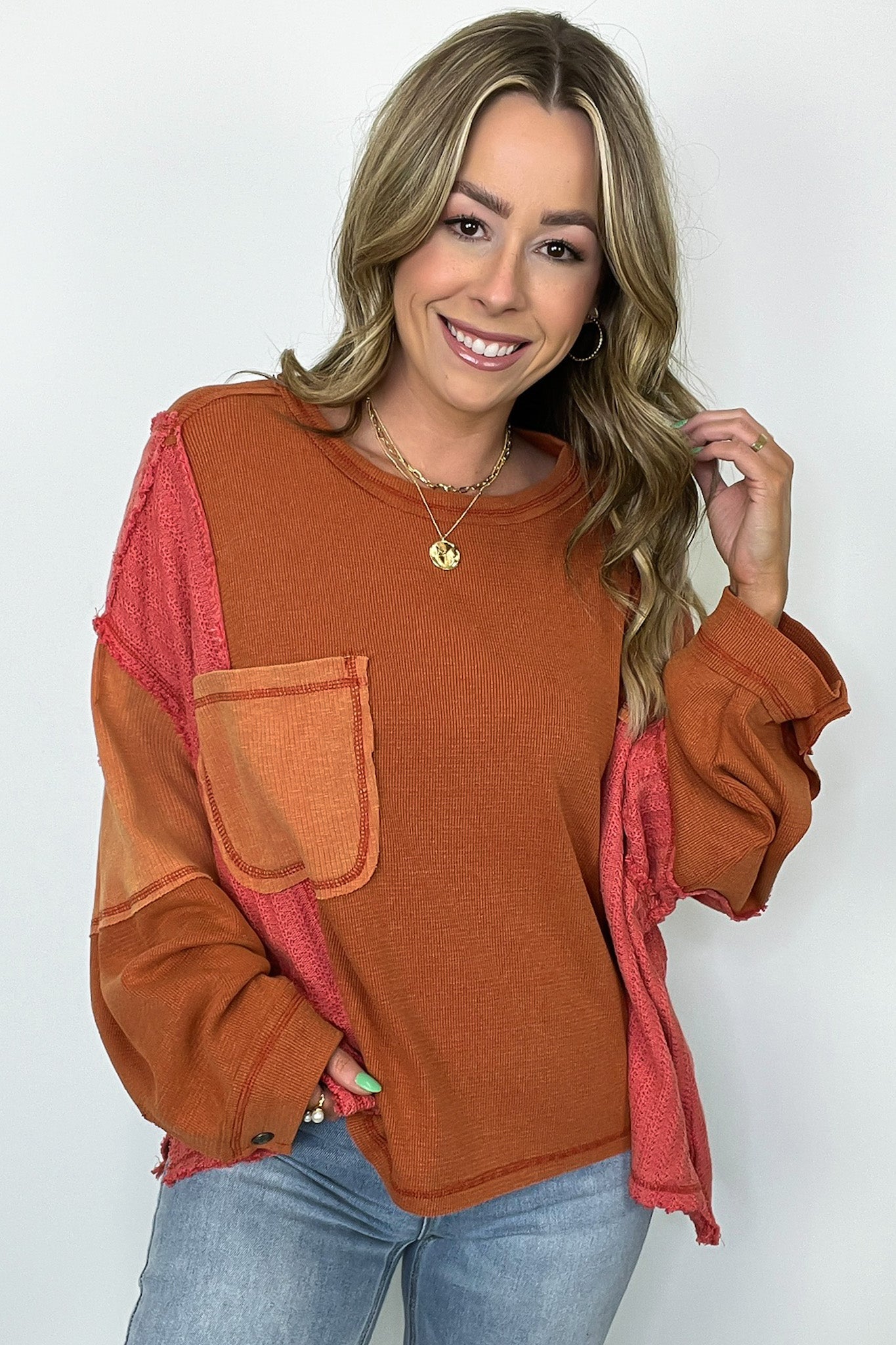 Cut and Sew Contrast Pocket Top - FINAL SALE - Madison and Mallory