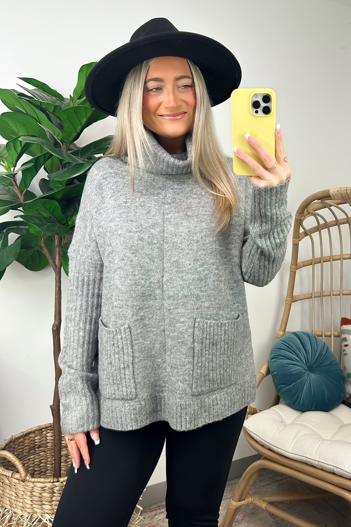 S / Heather Gray Cute Direction Front Pocket Turtleneck Sweater - Madison and Mallory