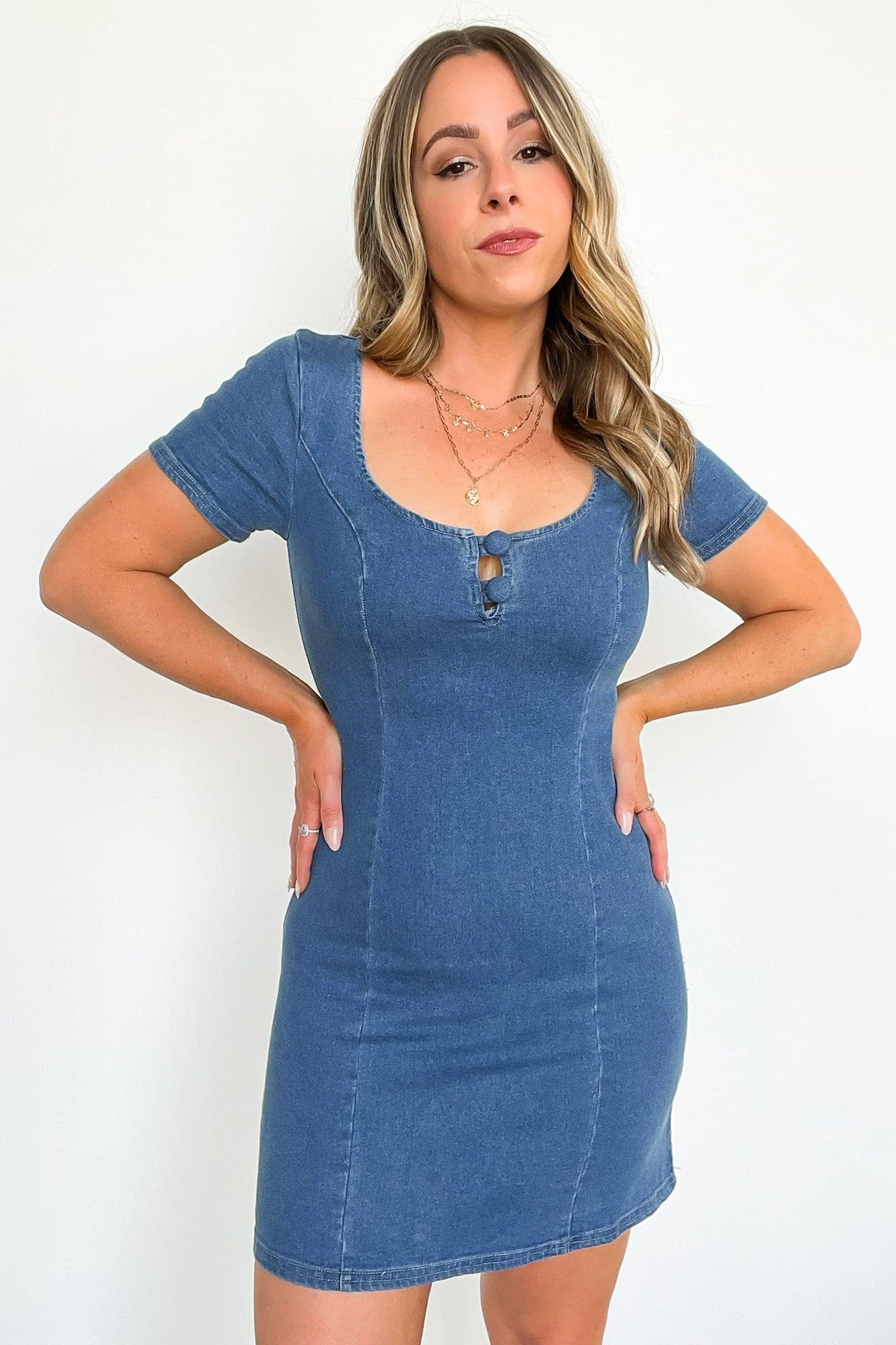  Cute Weekends Button Trim Denim Dress - FINAL SALE - Madison and Mallory
