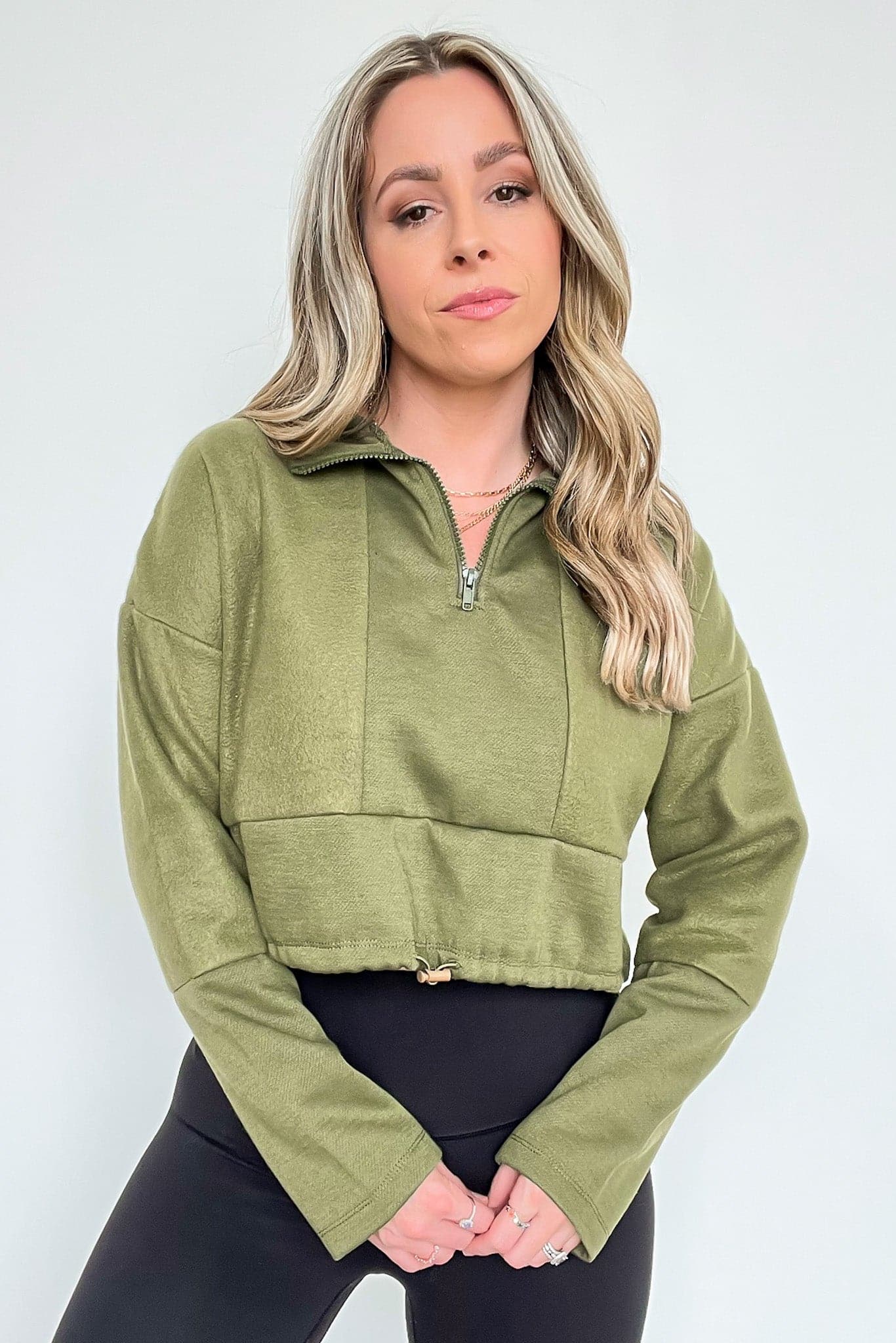 Olive / XS Cyndellah Long Sleeve 1/4 Zip Cropped Pullover - FINAL SALE - Madison and Mallory