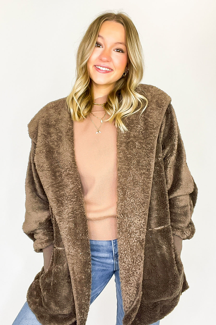 Mocha / SM Cozy Crest Hooded Faux Fur Jacket - Madison and Mallory