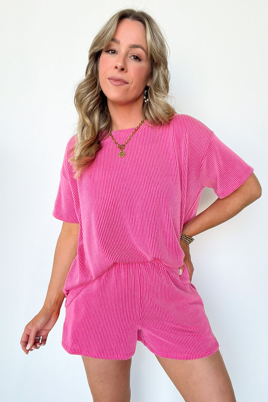 Fuchsia / S Daily Vibes Rib Knit Relaxed Top and Shorts Set - Madison and Mallory
