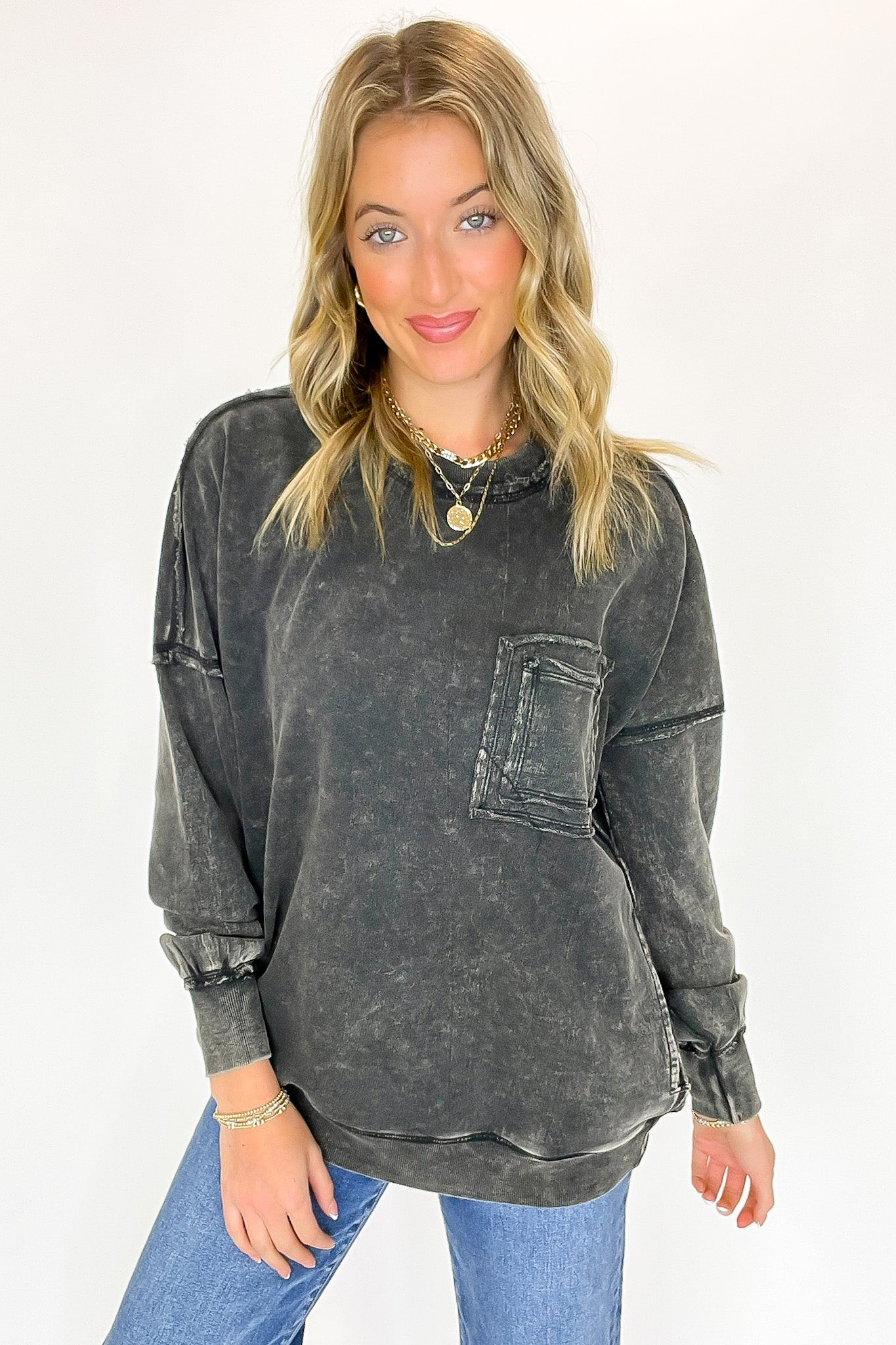 Daily Cozy Acid Wash Raw Edge Pullover - BACK IN STOCK - Madison and Mallory