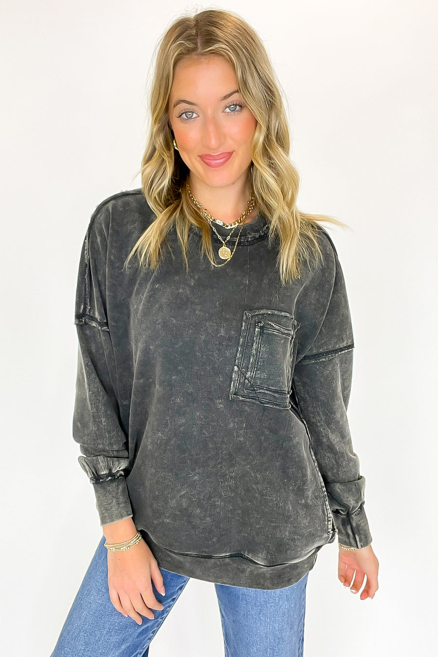 Daily Cozy Acid Wash Raw Edge Pullover - BACK IN STOCK - Madison and Mallory