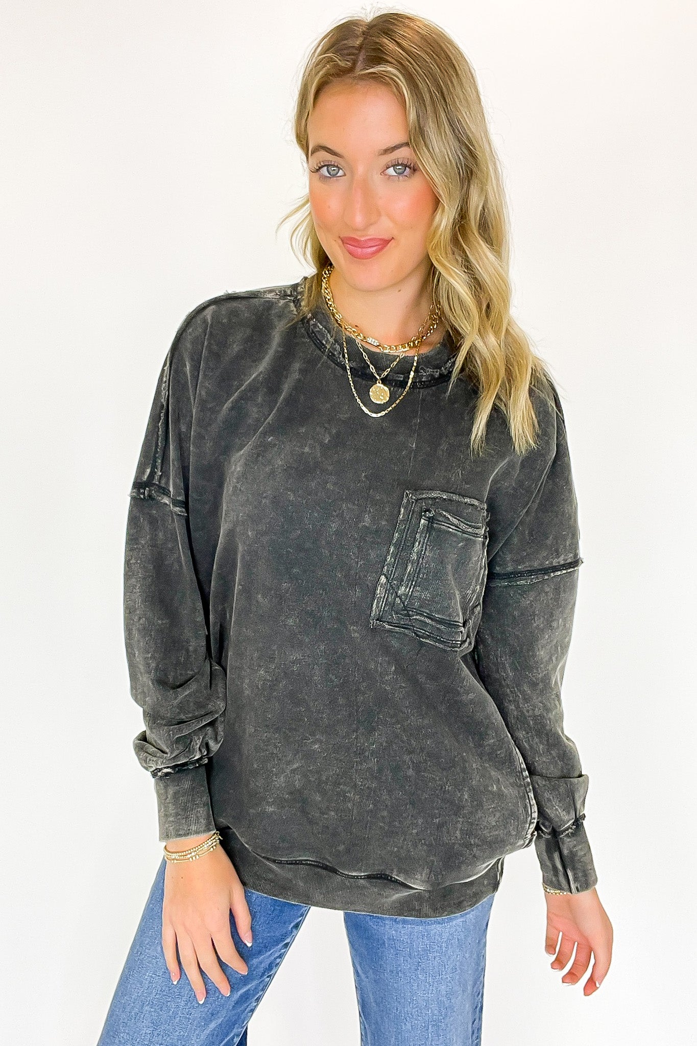 Daily Cozy Acid Wash Raw Edge Pullover - BACK IN STOCK