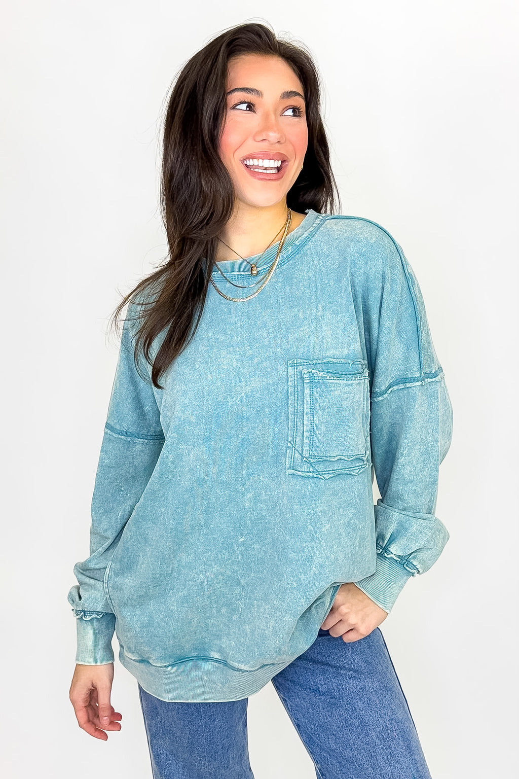 Ash Blue / S Daily Cozy Acid Wash Raw Edge Pullover - Madison and Mallory