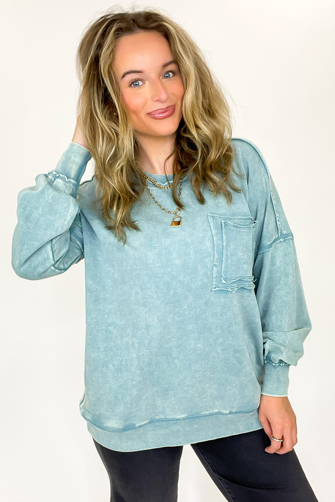 Ash Blue / S Daily Cozy Acid Wash Raw Edge Pullover - BACK IN STOCK - Madison and Mallory