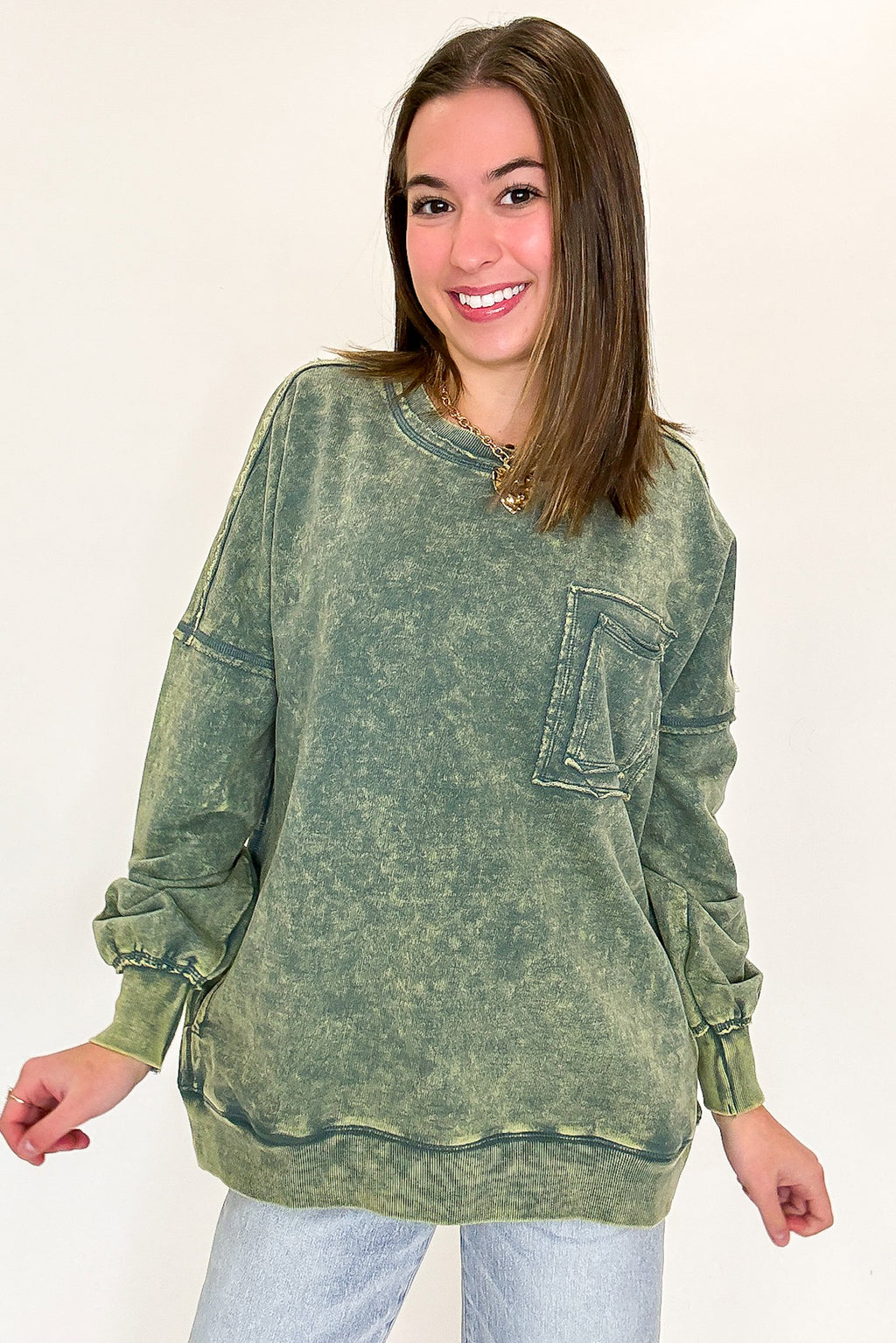 Ash Jade / S Daily Cozy Acid Wash Raw Edge Pullover - Madison and Mallory