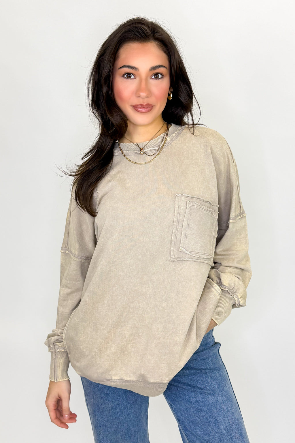 Ash Mocha / S Daily Cozy Acid Wash Raw Edge Pullover - Madison and Mallory