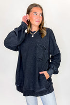 Black / S Daily Cozy Acid Wash Raw Edge Pullover - Madison and Mallory