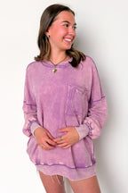 Bright Violet / S Daily Cozy Acid Wash Raw Edge Pullover - Madison and Mallory
