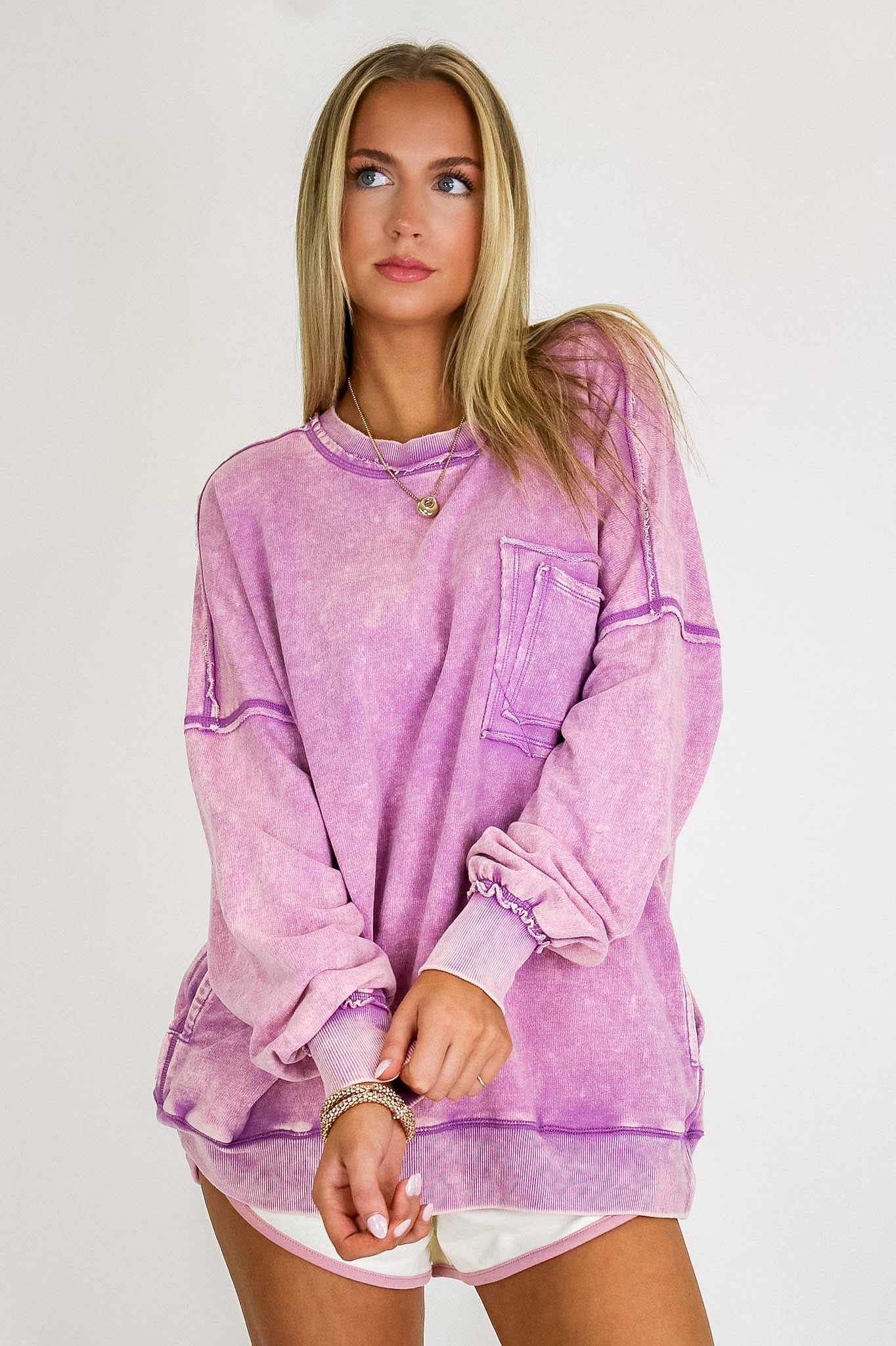 Daily Cozy Acid Wash Raw Edge Pullover