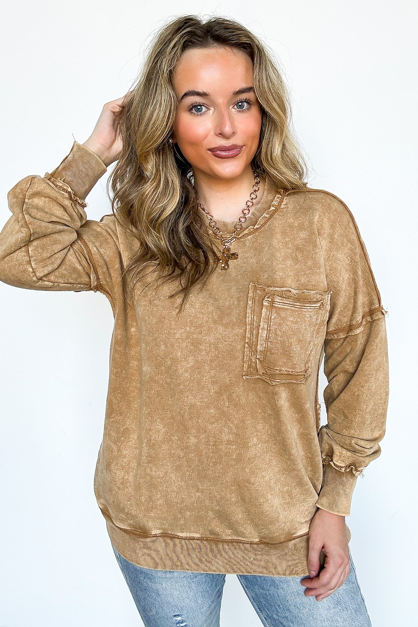 Daily Cozy Acid Wash Raw Edge Pullover - BACK IN STOCK