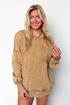 Camel / S Daily Cozy Acid Wash Raw Edge Pullover - Madison and Mallory