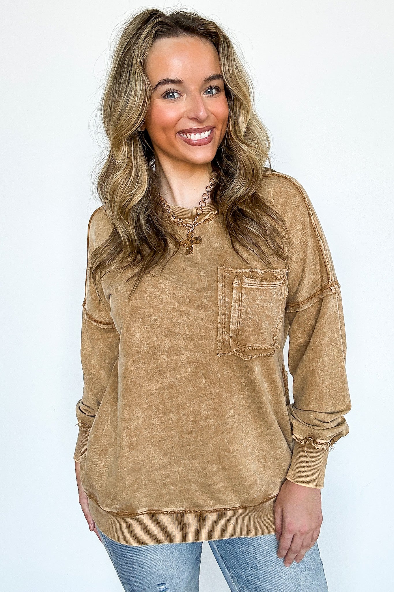 Daily Cozy Acid Wash Raw Edge Pullover - BACK IN STOCK