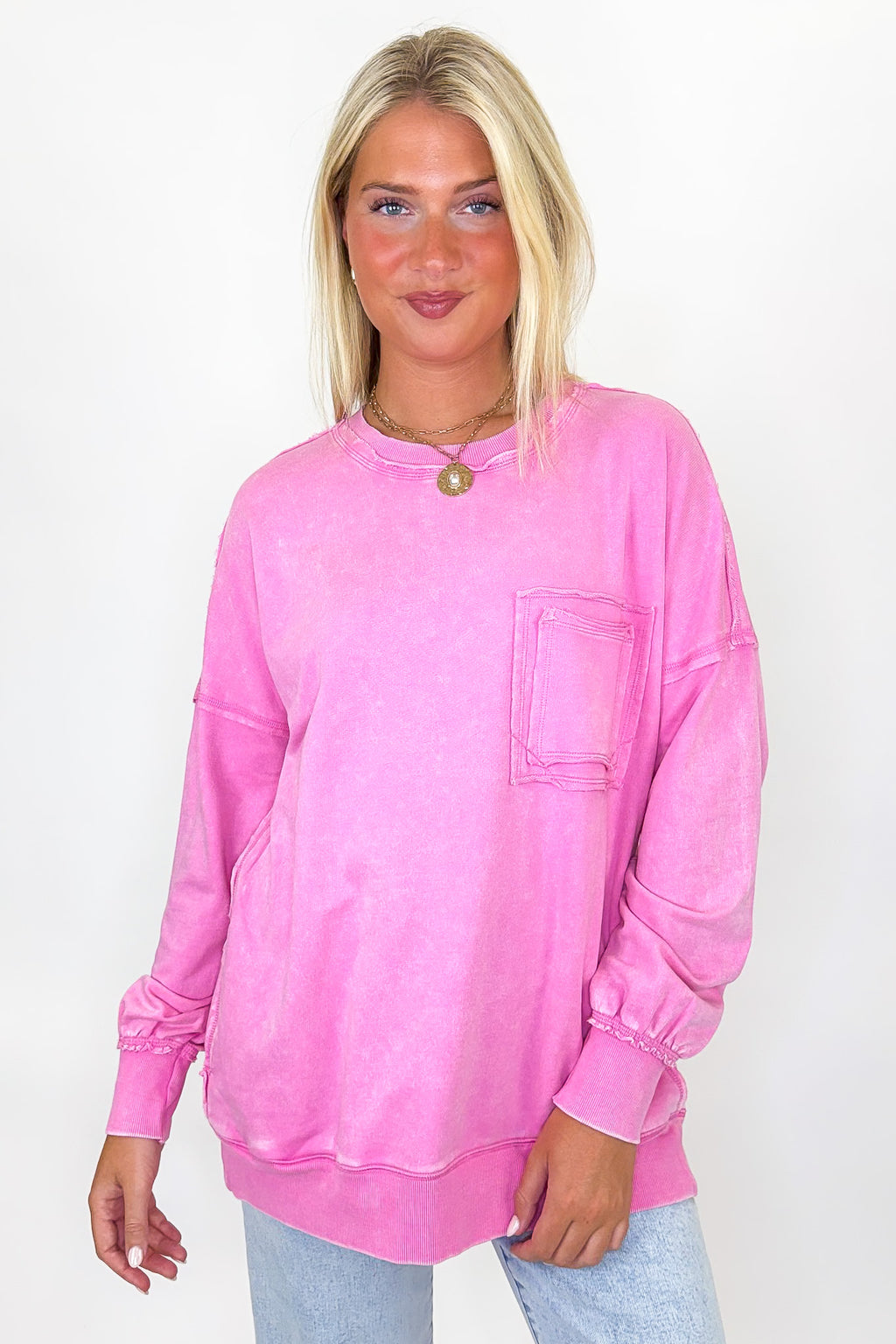 Candy Pink / S Daily Cozy Acid Wash Raw Edge Pullover - Madison and Mallory