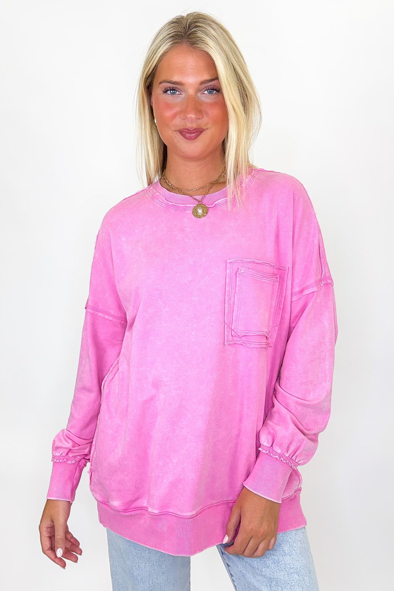 Candy Pink / S Daily Cozy Acid Wash Raw Edge Pullover - BACK IN STOCK - Madison and Mallory