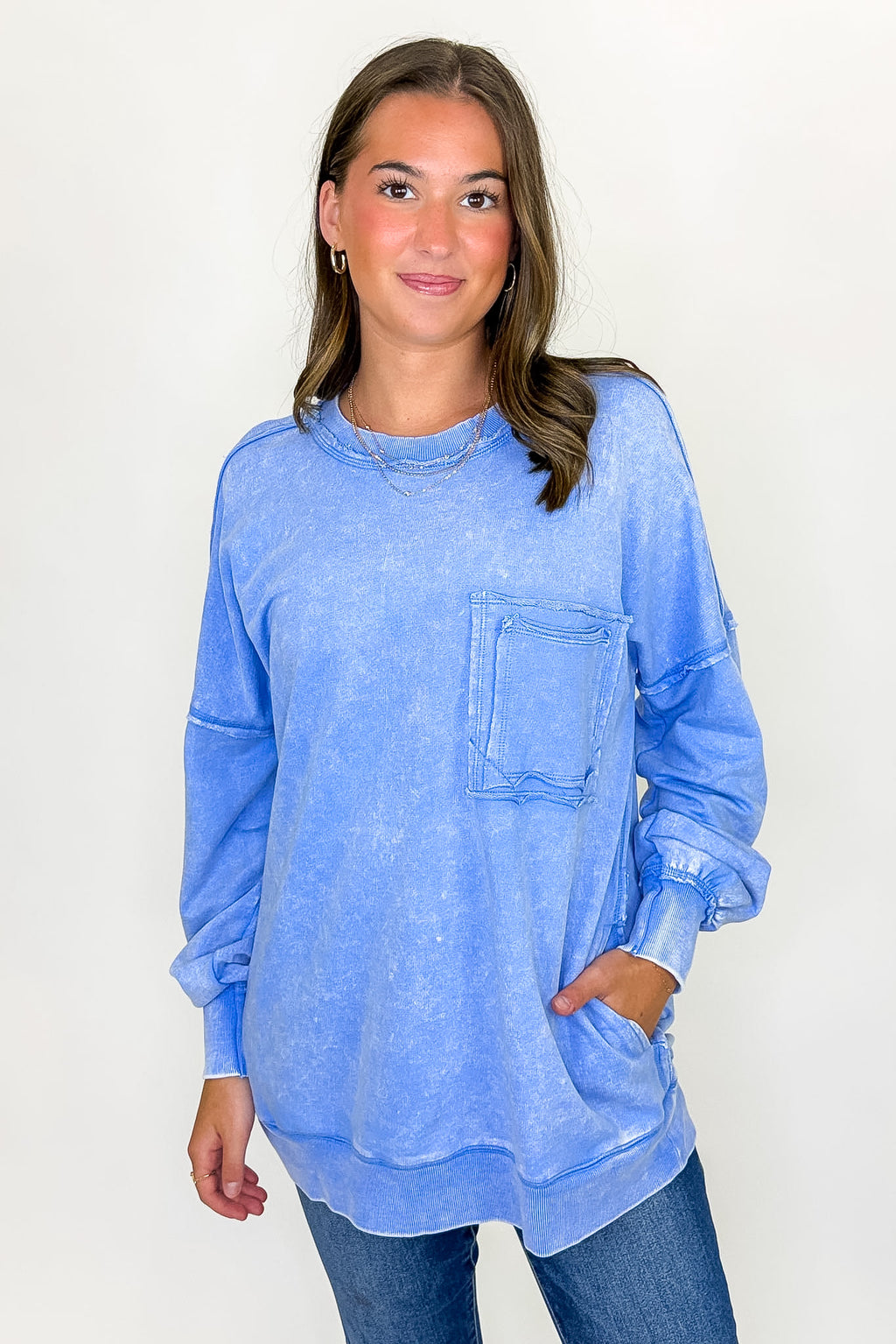 Cornflower Blue / S Daily Cozy Acid Wash Raw Edge Pullover - Madison and Mallory