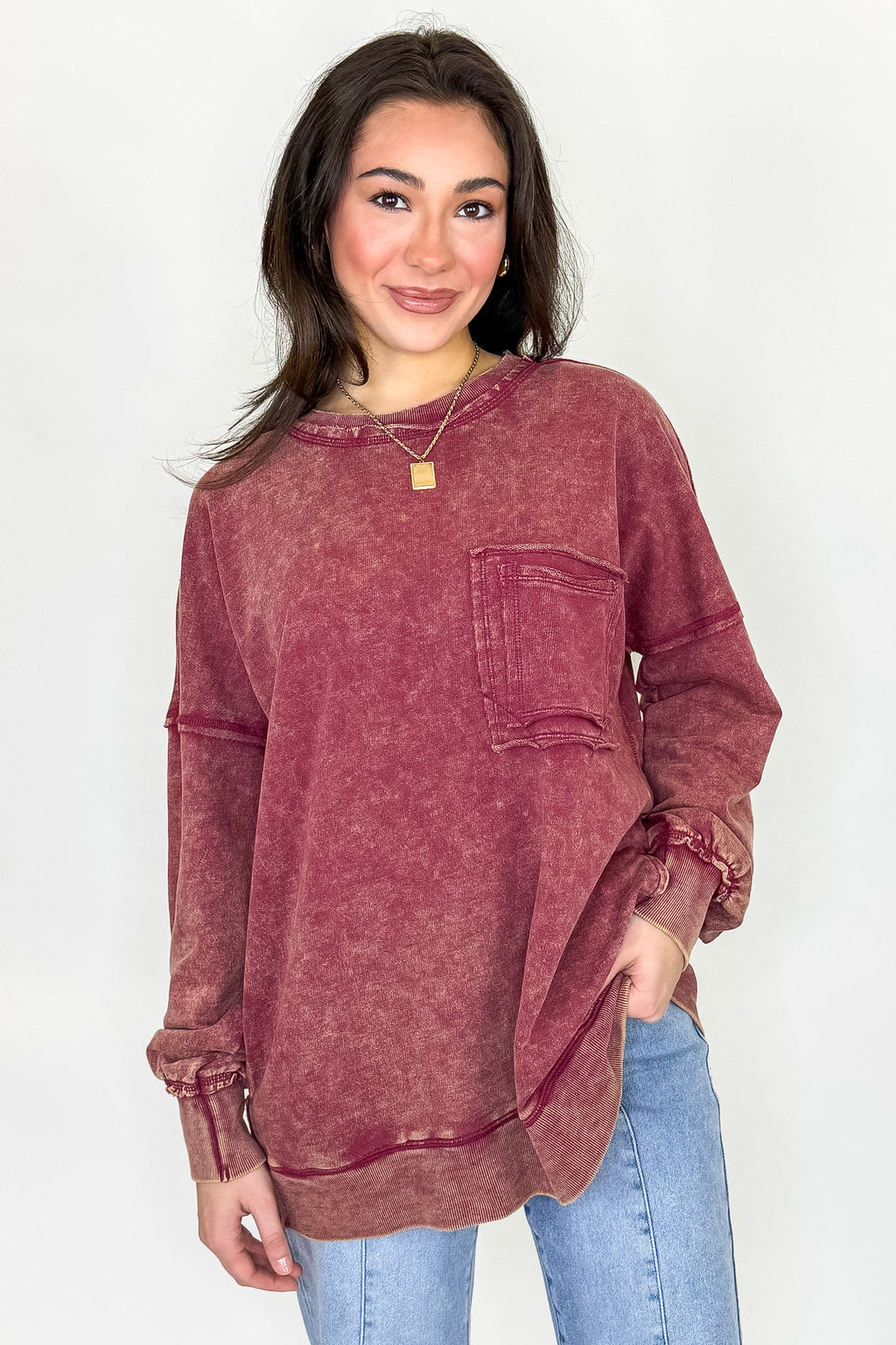 Dark Burgundy / S Daily Cozy Acid Wash Raw Edge Pullover - Madison and Mallory