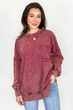 Dark Burgundy / S Daily Cozy Acid Wash Raw Edge Pullover - Madison and Mallory
