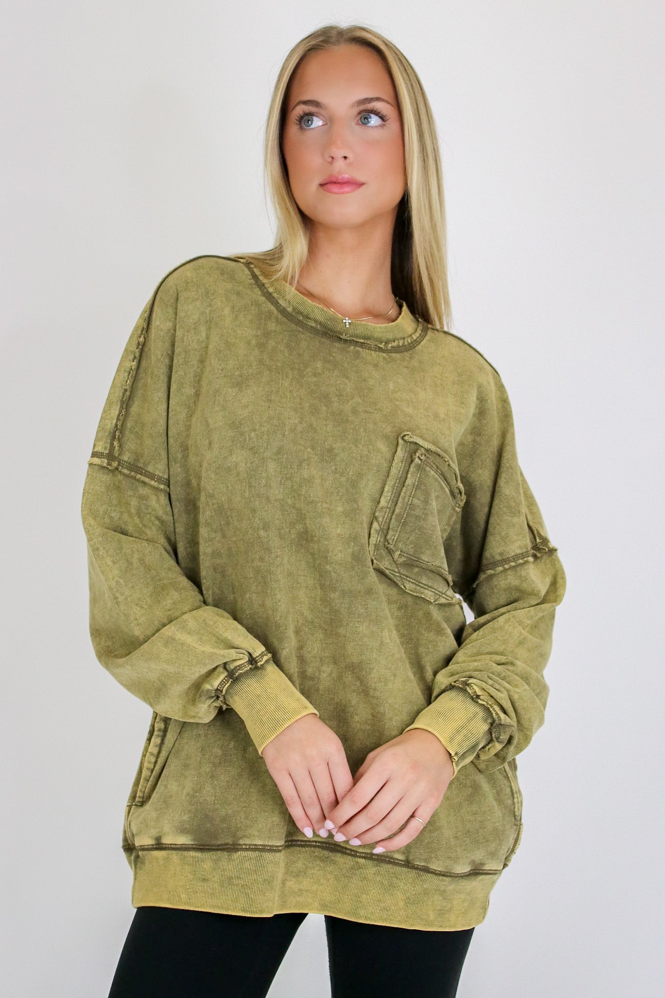 Daily Cozy Acid Wash Raw Edge Pullover
