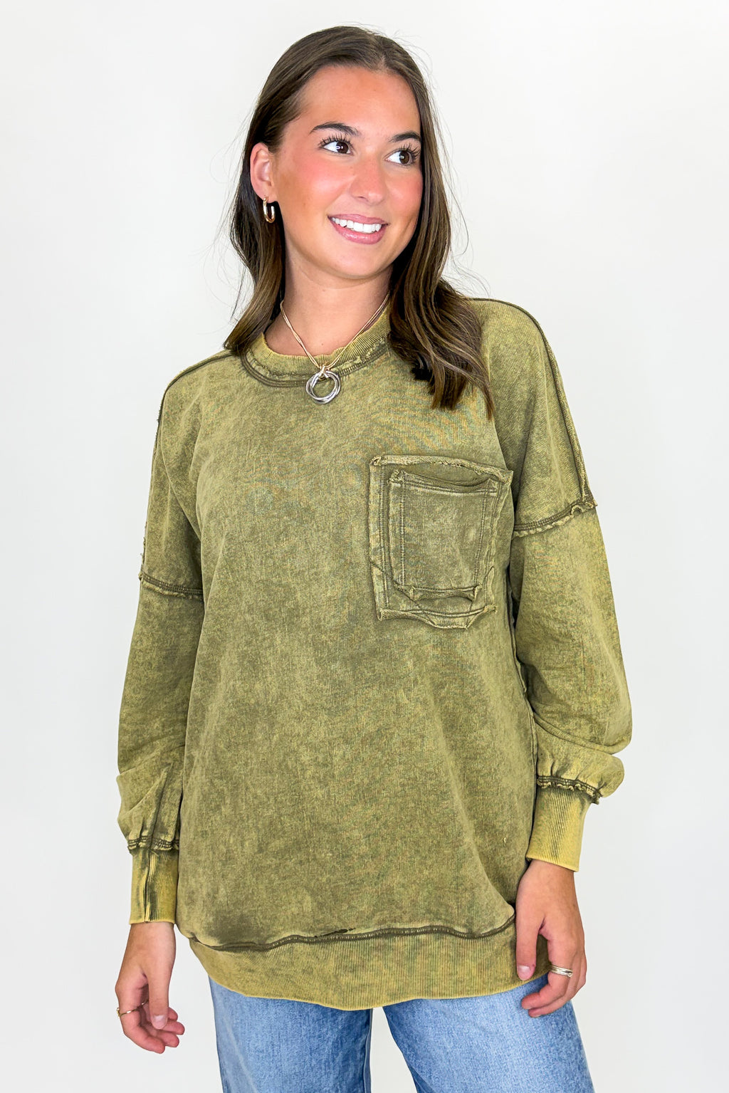 Dark Olive / S Daily Cozy Acid Wash Raw Edge Pullover - Madison and Mallory