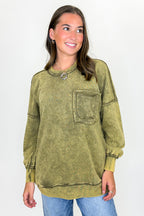 Dark Olive / S Daily Cozy Acid Wash Raw Edge Pullover - Madison and Mallory