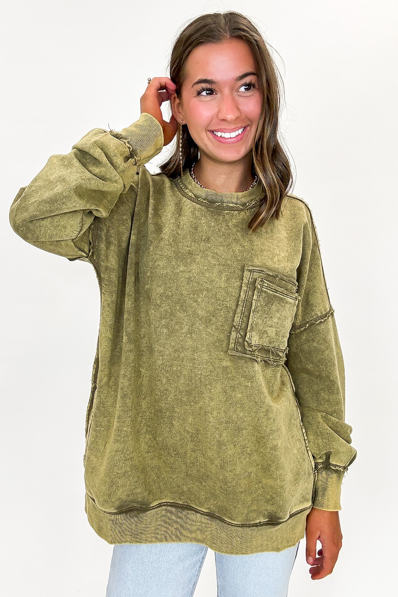Dark Olive / S Daily Cozy Acid Wash Raw Edge Pullover - BACK IN STOCK - Madison and Mallory